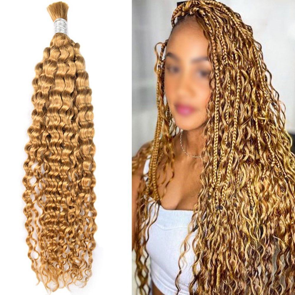 Deep Wave Bulk Human Hair, Human Braiding Hair #27 Blonde Hair Bundles for Micro Braiding No Weft Extension Hair(#27,18in-45.7cm)