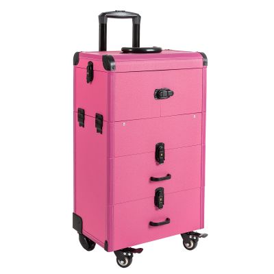 AGULIUM Rolling Makeup Case Portable Cosmetic Organizer Trolley Professional Makeup Train Case Lockable Large Make up Cosmetic Organizer with 4 Universal Wheels(Rose)