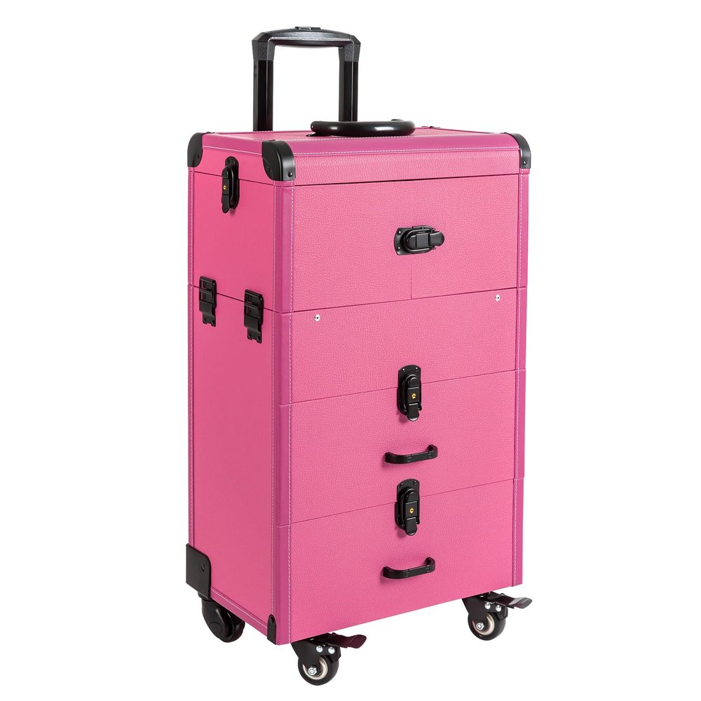 AGULIUM Rolling Makeup Case Portable Cosmetic Organizer Trolley Professional Makeup Train Case Lockable Large Make up Cosmetic Organizer with 4 Universal Wheels(Rose)