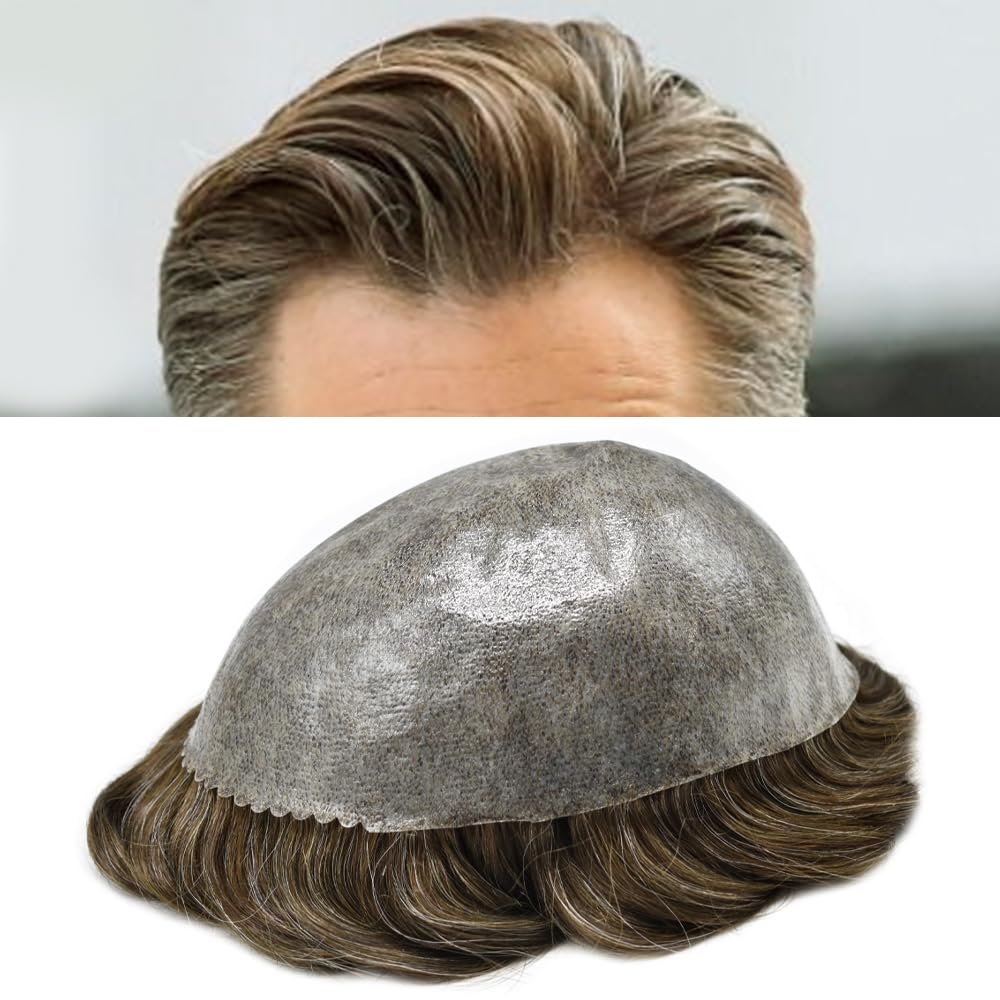 LYRICAL HAIR Toupee for Men Human Hair Replacement System Poly Skin Durable Injected PU Protesis Capilar Para Hombre Mens Wig 6"X9" #740 Very Light Brown+40% Gray-120% Medium Light to Medium Density