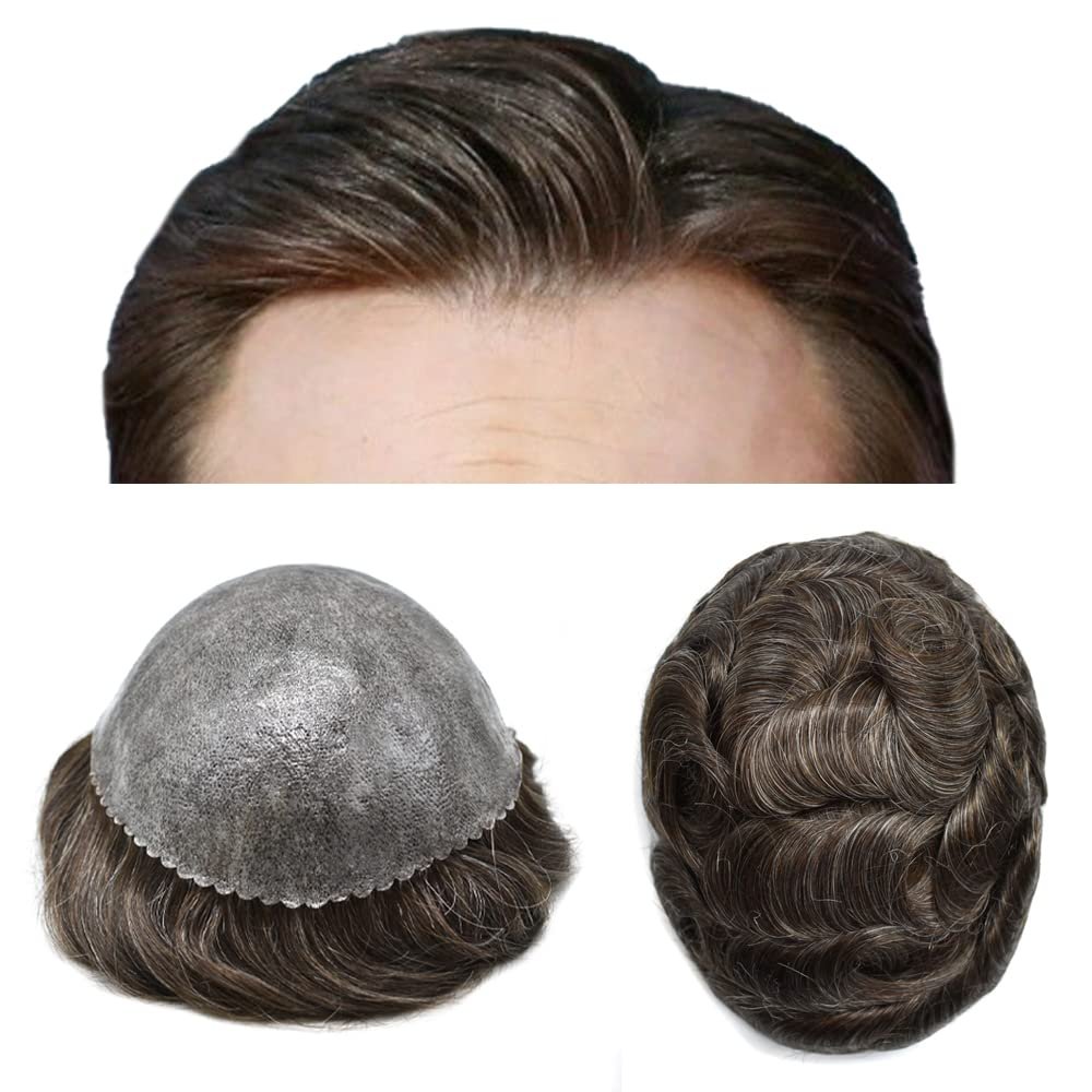 LYRICAL HAIR Toupee for Men Human Hair Replacement System Full Poly Skin Durable Injected PU Protesis Capilar Para Hombre Mens Wig 6"X9" #320 Dark Brown+20% Gray-120% Medium Light to Medium Density
