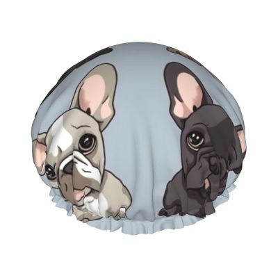 Reusable Shower Cap for Women Waterproof Bath Caps Double Layer Bath Hair Caps french bulldog Shower Hat for Ladies Spa Salon, Large Size for All Hair Lengths