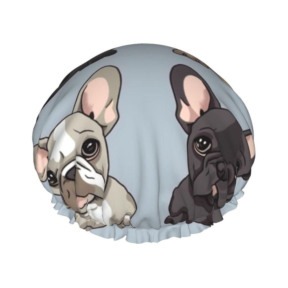 Reusable Shower Cap for Women Waterproof Bath Caps Double Layer Bath Hair Caps french bulldog Shower Hat for Ladies Spa Salon, Large Size for All Hair Lengths