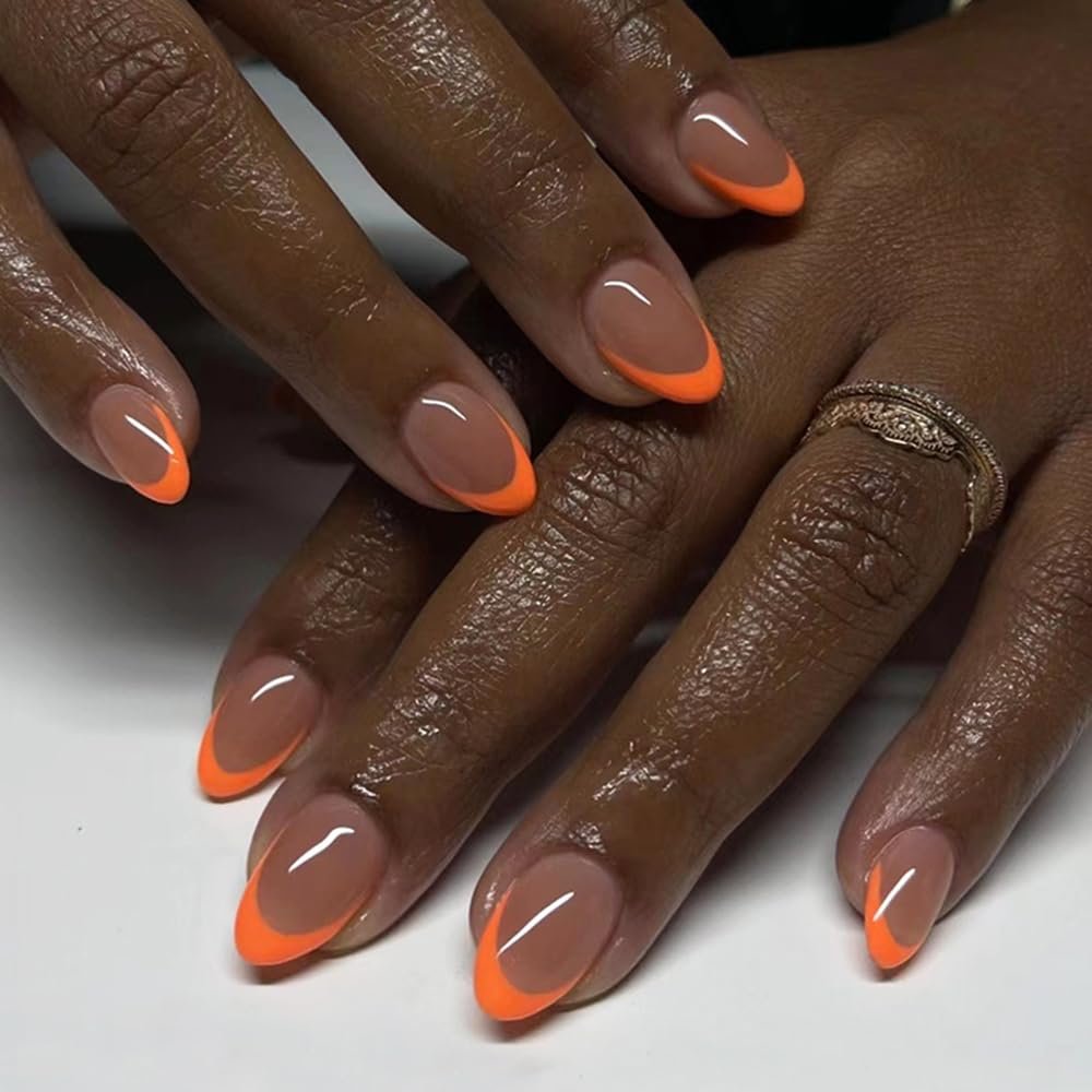 24Pcs Orange French Tip Press on Nails Short Almond Press on Nails Oval Gel False Nails Full Cover Acrylic Glue on Nails Stiletto Fake Nails with Design Orange Stick on Nails For Women and Girls