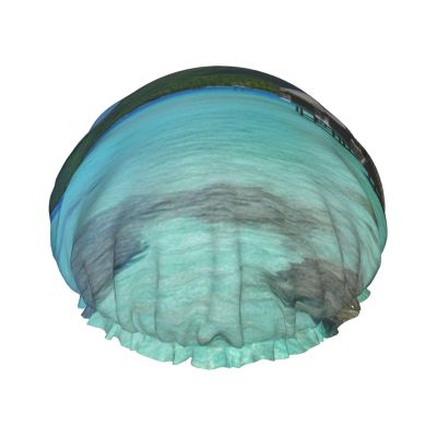 Reusable Shower Cap for Women Waterproof Bath Caps Double Layer Bath Hair Caps Tahiti Beach Shower Hat for Ladies Spa Salon, Large Size for All Hair Lengths
