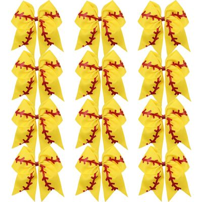 12 PCS Softball Baseball Cheer Bows, Sparkly Rugby Hair Bows with Elastic Hair Ties Accessories for Teens Girls Women Cheerleading Softball Competition Sports (Yellow Red)