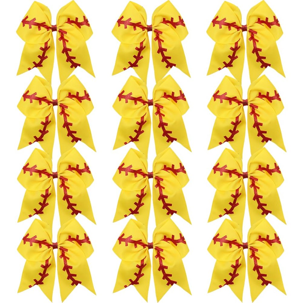 12 PCS Softball Baseball Cheer Bows, Sparkly Rugby Hair Bows with Elastic Hair Ties Accessories for Teens Girls Women Cheerleading Softball Competition Sports (Yellow Red)