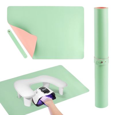 Nail Desk Mat 23.62 x 15.75 In, PU Leather Top with Velvet Bottom, Wipe-Clean Manicure Table Pad with Storage Strap, Mat Only, for Home and Salon Nail Art, Green and Pink