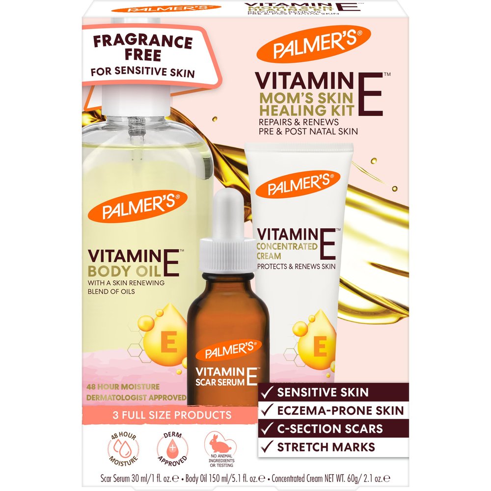 Palmer's Vitamin E Mom's Skin Healing Body Care Kit, Pregnancy and Postpartum Essentials Includes Body Oil, Scar Serum and Concentrated Body Cream