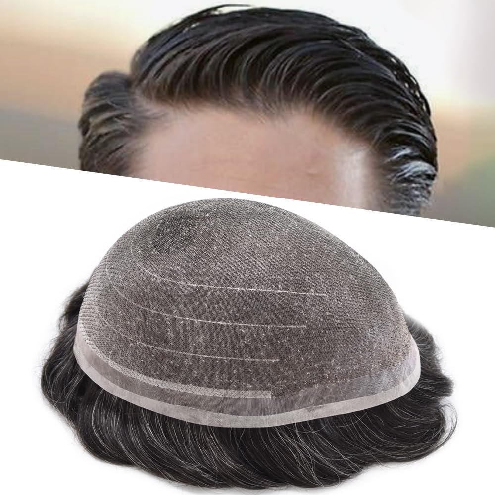 Healthlif Fine Welded Lace Hair Toupee For Men Virgin Human Hair System For Men Real Hairline Men's Toupee Durable Mens Hairpiece Protesis Capilar Hombre 8X10#1B20#1B Off Black+20% Grey 100% Density