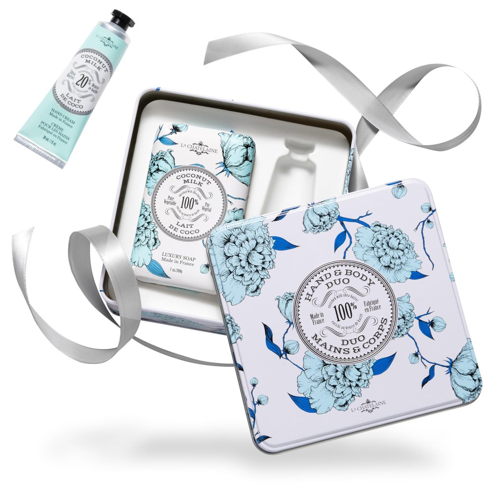 La Chatelaine Coconut Milk Triple Milled Bar Soap and 20% Shea Butter Hand Cream Gift Set, Decorative Tin, Plant-Based, Natural & Organic, Made in France (7 oz. soap bar, 1 oz. hand lotion)