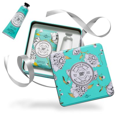 La Chatelaine Gardenia Triple Milled Bar Soap and 20% Shea Butter Hand Cream Gift Set, Gift for Mom, Decorative Tin, Plant-Based, Natural & Organic, Made in France (7 oz. soap bar, 1 oz. hand lotion)
