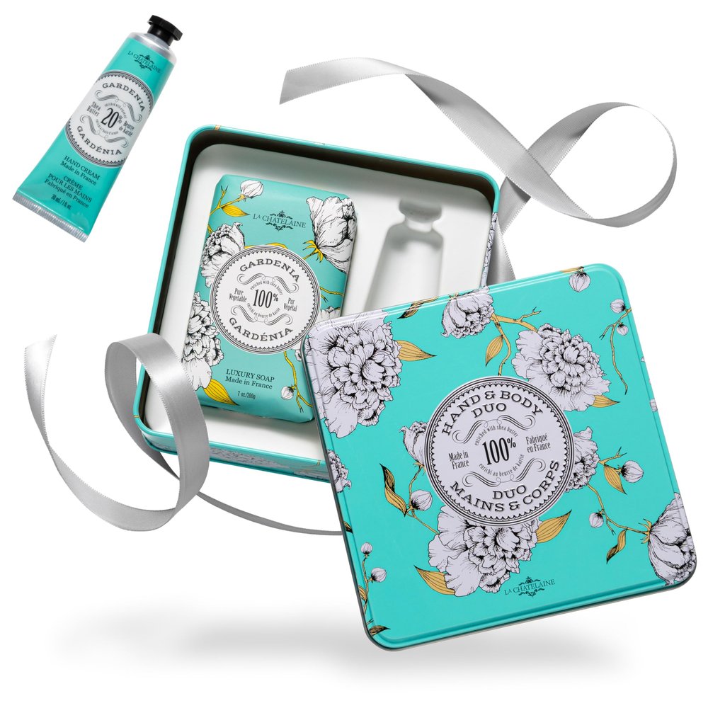 La Chatelaine Gardenia Triple Milled Bar Soap and 20% Shea Butter Hand Cream Gift Set, Gift for Mom, Decorative Tin, Plant-Based, Natural & Organic, Made in France (7 oz. soap bar, 1 oz. hand lotion)
