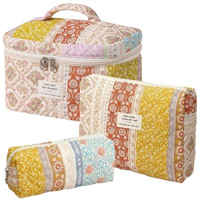 SoGhhd Floral Quilted Makeup Bag Set for Women Aesthetic Travel Large Cute Cosmetic Toiletry Pouch Lightweight Cotton Tote Purse Organizer Insert Valentines_Gifts for Her, c01 (3PCS#09Retro Ethnic)