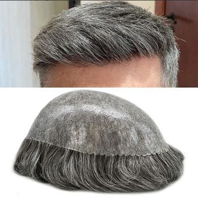 LYRICAL HAIR Toupee for Men Human Hair Replacement System Injected PU Male Prothesis Full Poly Durable Skin Mens Hairpiece Wig 7"X9"#250 Darkest Brown+50% Gray-120% Medium Light to Medium Density