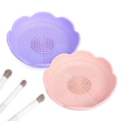 JAMESVAN Silicone Makeup Brush Cleaner Mat and Holder Bowl, Stylish Cosmetic Brush Cleaner Pad Bowl for Makeup and Drawing Tools, 2 PCS - Pink, Purple