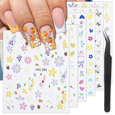 6 Sheets Embossed Flower Nail Art Stickers Colorful Daisy Nail Stickers 5D Self-Adhesive Heart Butterfly Nail Design Decals Cartoon Animals Floral Leaf Nail Decals for Women Girls DIY Nail Supplies