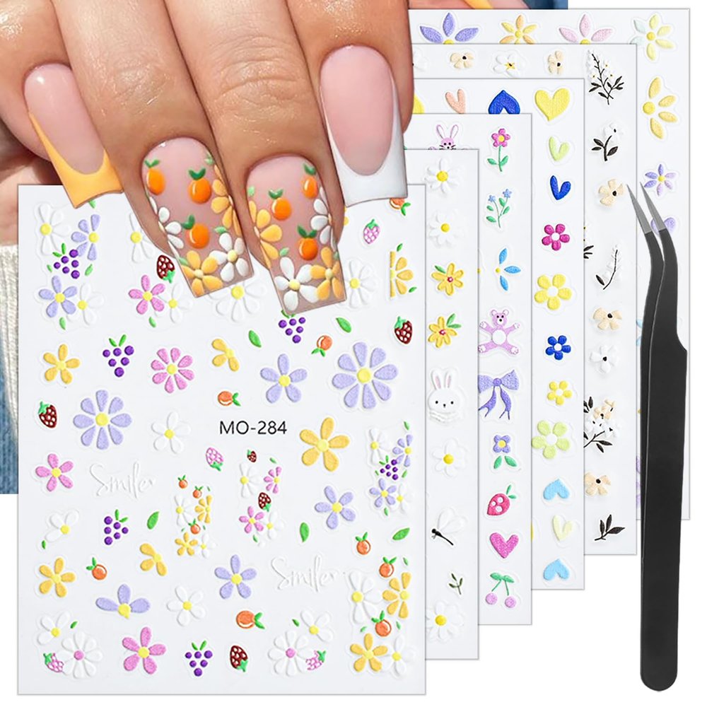 6 Sheets Embossed Flower Nail Art Stickers Colorful Daisy Nail Stickers 5D Self-Adhesive Heart Butterfly Nail Design Decals Cartoon Animals Floral Leaf Nail Decals for Women Girls DIY Nail Supplies