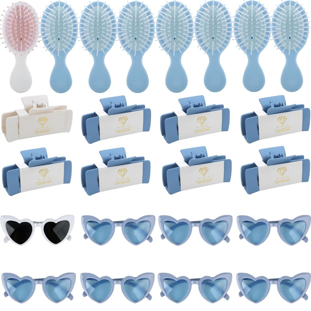 24pcs Bridesmaid Proposal Gifts 4.1inch square Hair Claws Bachelorette Claw Clip Matte Hair Clips Sunglasses set of 16 Girls Trendy Cute Hair Clips for Wedding Party Favors (16pcs White&Dusty Blue)