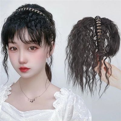 10inch Human Hair Curly with Crystal Headband for Woman with One Clip for Hair Loss Cover Gray Hair (Light brown)