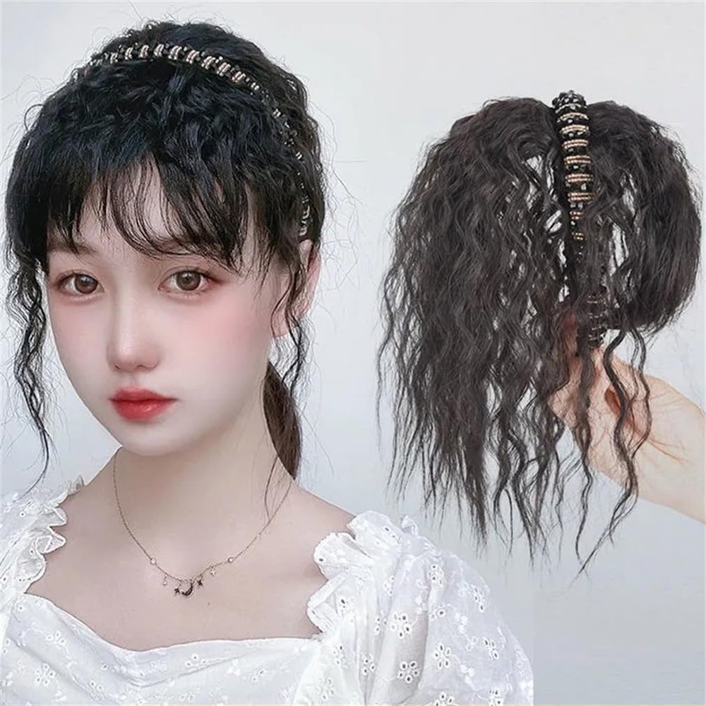 10inch Human Hair Curly with Crystal Headband for Woman with One Clip for Hair Loss Cover Gray Hair (Dark brown)