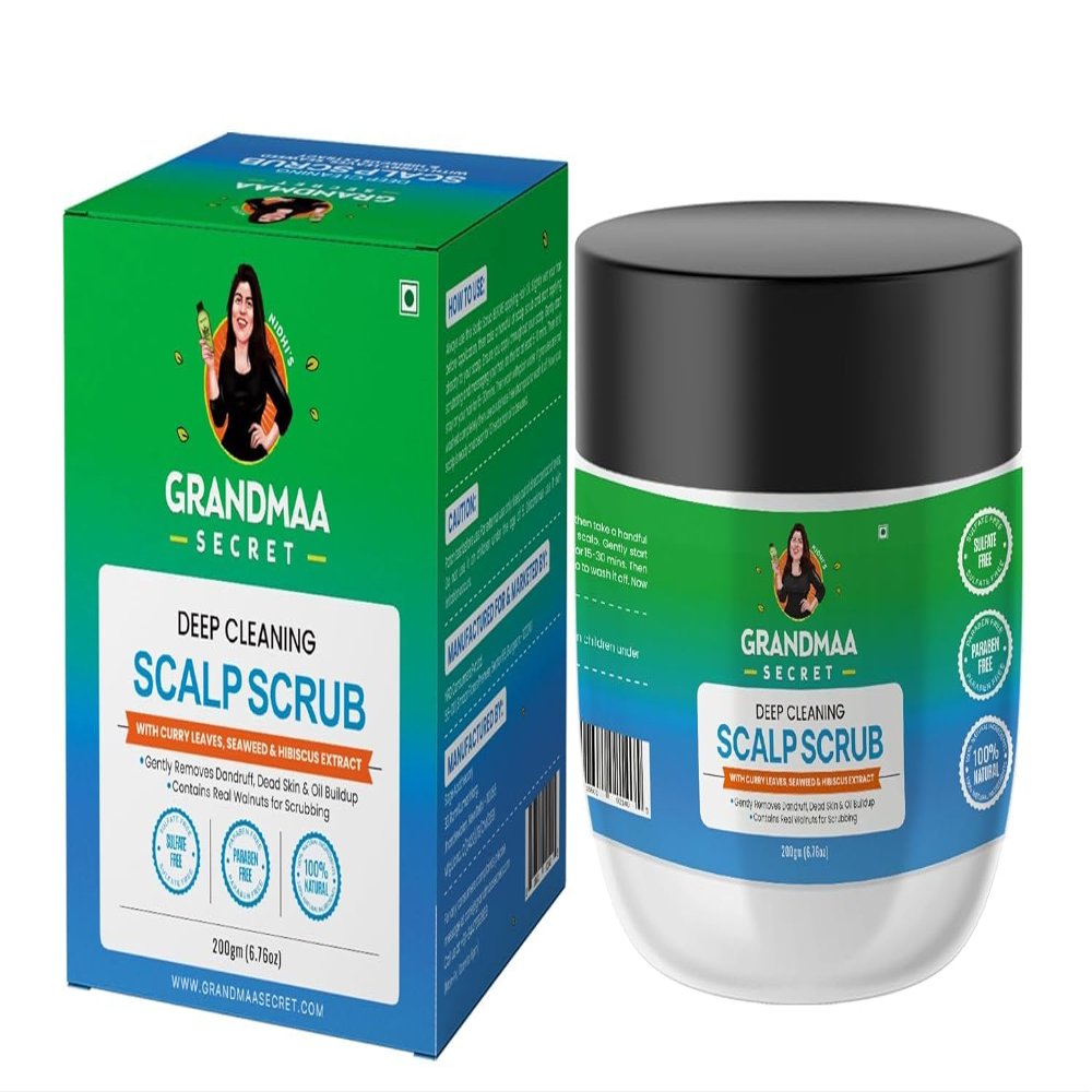 GRANDMA SECRET'S Scalp Scrub - Natural Curry Leaves & Seaweed Walnut Scrub for Dandruff, Buildup, Dead Skin - Cleansing and Exfoliating Dry Scalp Scrub - Sulphate/Parabens Free - 200mL