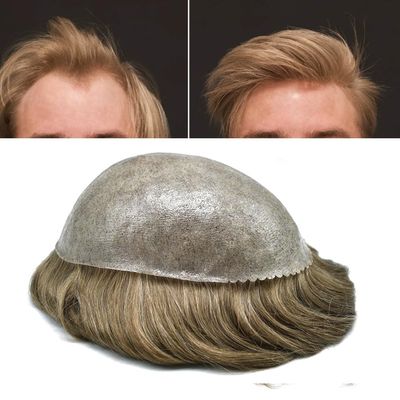 LYRICAL HAIR Toupee for Men Human Hair Replacement System Injected Poly Skin Protesis Capilar Para Hombre Durable PU Mens Hairpiece Wig 6"X8" #1850 Medium Blonde+50% Gray-110% Light to Medium Density