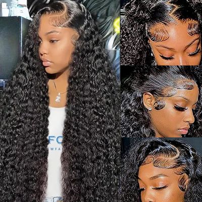 13x6 Deep Wave Lace Front Wigs Human Hair 200 Density HD Lace Front Wigs Human Hair Pre Plucked Bleached Knots Glueless Wigs Human Hair Wet and Wavy for Women (Natural Black 13X6, 30 inch, Curly)