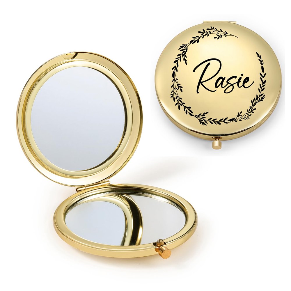 Rayiant Personalized Name Pocket Mirror with Birth Flower, Makeup Mirror for Travel, Ultra Thin Compact Vanity, Portable for Handbag, Purse, Travel Essential (C- Gold)