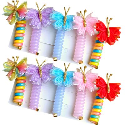 Butterfly & Colorful Telephone Wire Hair Bands For Girls, Spiral Hair Ties Phone Cord, Ponytail Holder Accessories (10PCS 01)