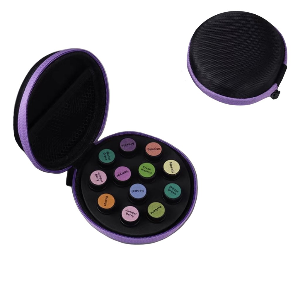 BLIRITEL EVA Essential Oils Organizer Bag,Hard Shell Essential Oil Storage Carrying Case for 12 Bottles,Round Essential Oils Boxes Storage Case for 1ml/2ml/3ml Roller Bottles (Purple)