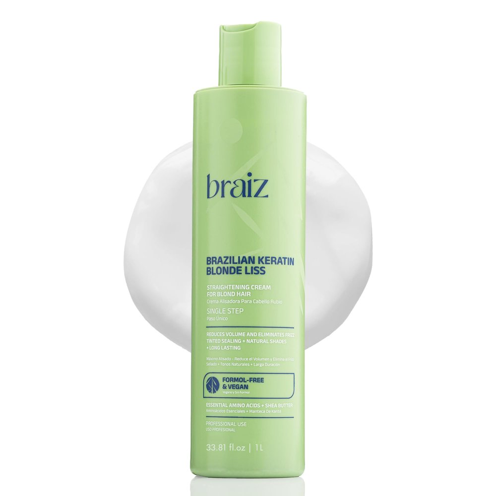 braiz Blonde Liss 33.81oz - Brazilian Keratin Single Step Hair Straightening Treatment - No Frizz - No Yellow Tones - Repair & Nourishment for Bleached and Blond Hair