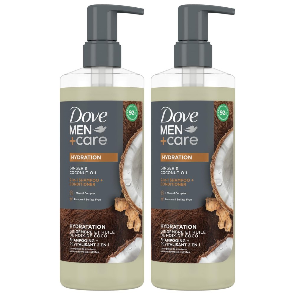 Dove Men+Care Shampoo and Conditioner 2-in-1, 2-Pack Hydration Formula with Biotin & Mineral Complex, Ginger & Coconut Oil, 17.5 Oz Ea