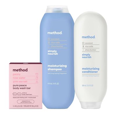 Bundle of Method Simply Nourish Moisturizing Shampoo, 14 oz (Pack of 1) + Method Simply Nourish Moisturizing Conditioner, 13.5 oz (Pack of 1) + Method Pure Peace Bar Soap (2 bars) 5 oz each