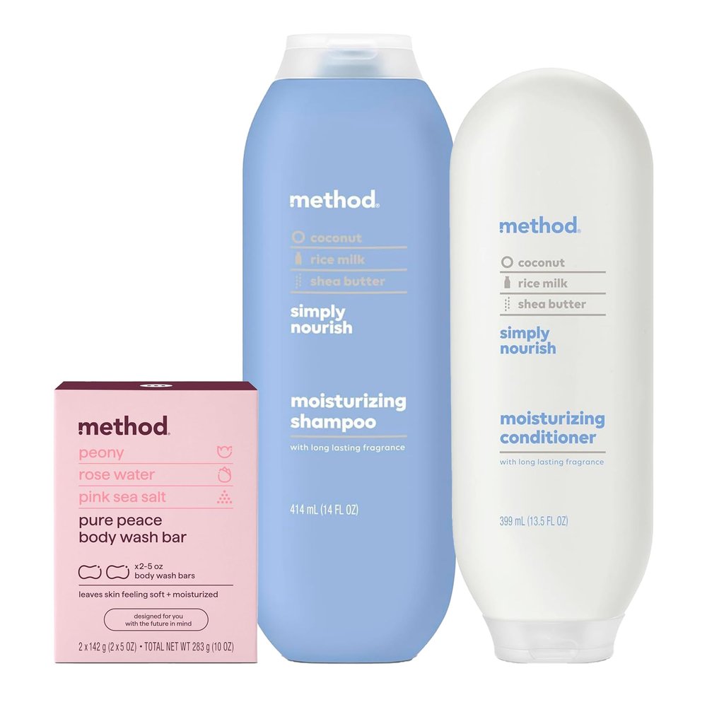 Bundle of Method Simply Nourish Moisturizing Shampoo, 14 oz (Pack of 1) + Method Simply Nourish Moisturizing Conditioner, 13.5 oz (Pack of 1) + Method Pure Peace Bar Soap (2 bars) 5 oz each