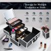 FRENESSA Makeup Train Case Makeup Box 11.8 Inch Large Makeup Case Organizer 3 Trays with Mirror Locking Cosmetic Storage Box for Cosmetics Nail Supplies Sewing Travel Case Black Floral view 2