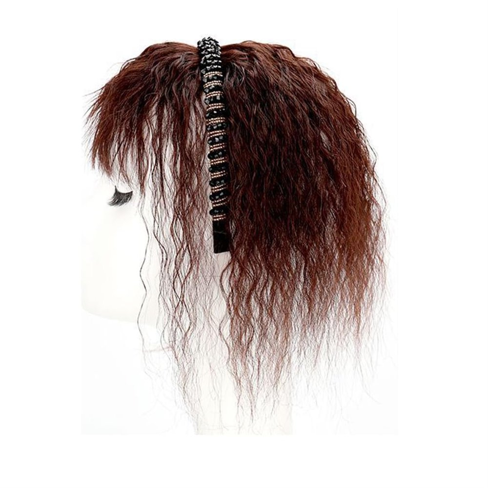 10inch Human Hair with Crystal Headband Natural Cover Whire Hair Hairpiece Hair Toppers Bangs for Woman for Hair Loss (Dark brown,curly)