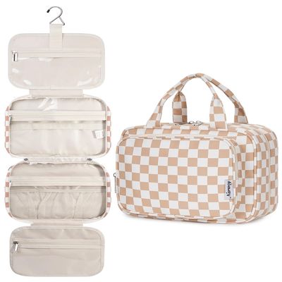 Narwey Hanging Toiletry Bag for Women Travel Makeup Bag Organizer Toiletries Bag for Travel Size Essentials Accessories Cosmetics (Light Checkerboard (Medium))