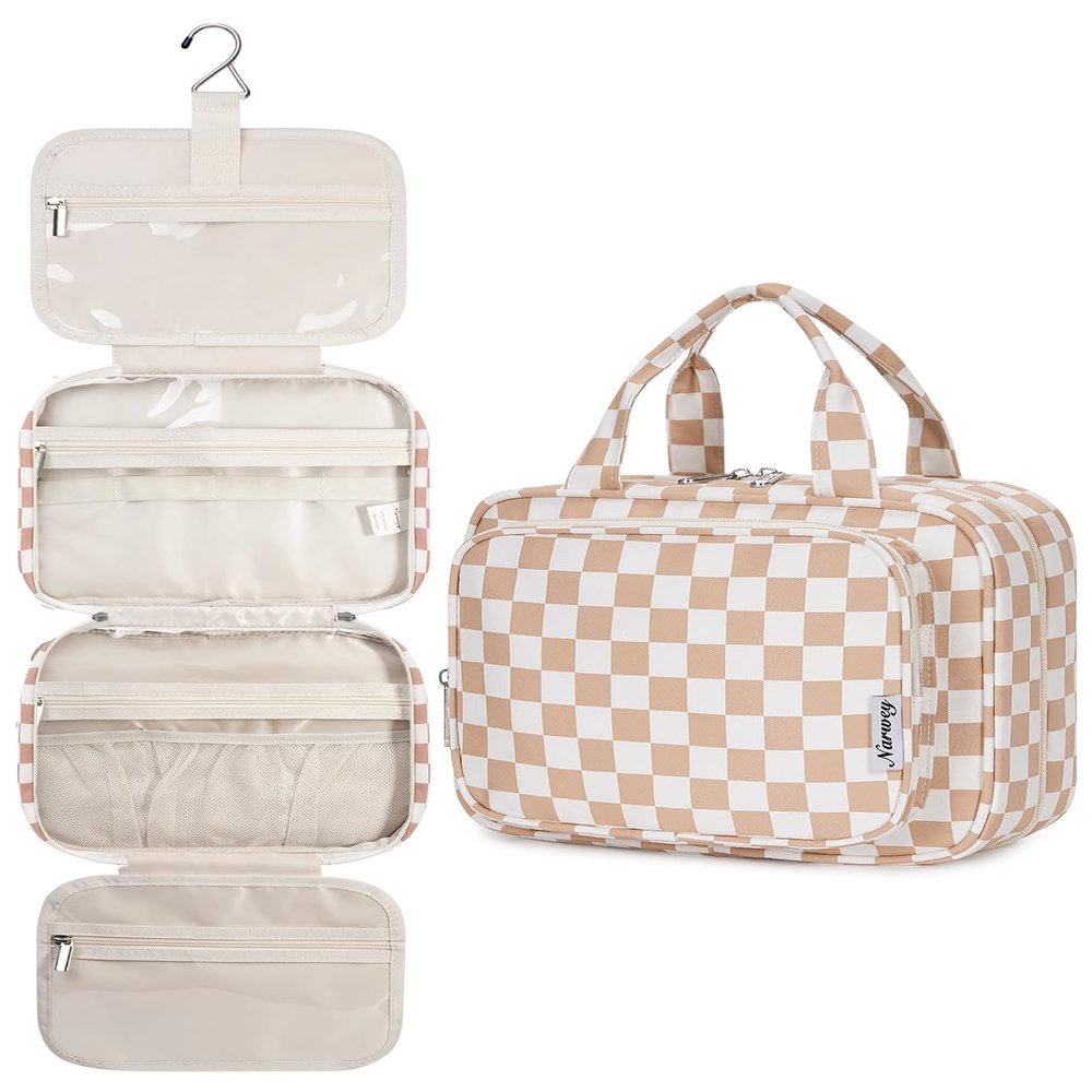 Narwey Hanging Toiletry Bag for Women Travel Makeup Bag Organizer Toiletries Bag for Travel Size Essentials Accessories Cosmetics (Light Checkerboard (Medium))