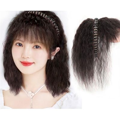 10inch Human Hair with Crystal Headband Natural Cover Whire Hair Hairpiece Hair Toppers Bangs for Woman for Hair Loss (Natural color,curly)