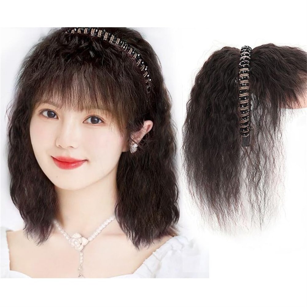 10inch Human Hair with Crystal Headband Natural Cover Whire Hair Hairpiece Hair Toppers Bangs for Woman for Hair Loss (Natural color,curly)