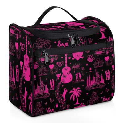 OMFUNS DeepPink Painting Hanging Toiletry Bag Wash Makeup Bag for Women Girls Guitar Travel Cosmetics Bag Shaving Bag Organizer Kit for Accessories, Cosmetics, Travel Essentials