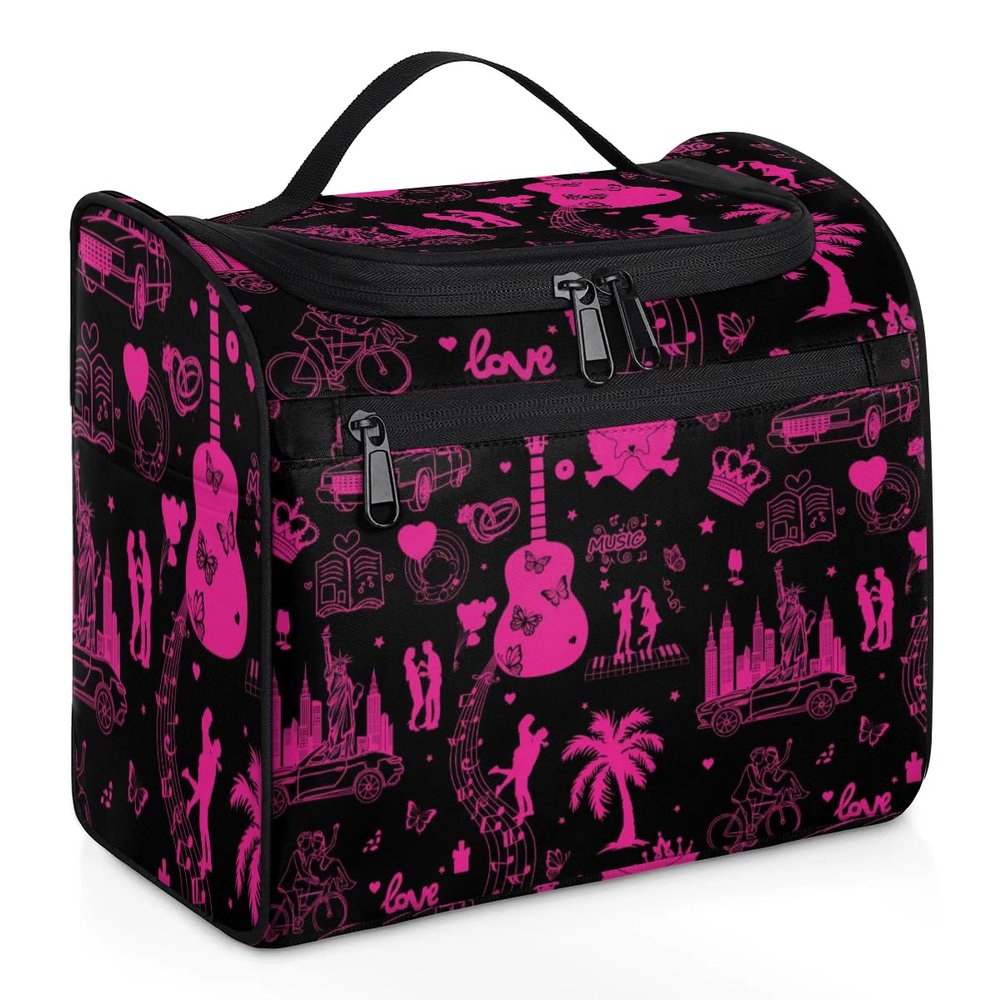 OMFUNS DeepPink Painting Hanging Toiletry Bag Wash Makeup Bag for Women Girls Guitar Travel Cosmetics Bag Shaving Bag Organizer Kit for Accessories, Cosmetics, Travel Essentials