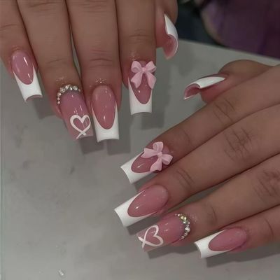 24Pcs French Tip Press on Nails Medium Square Fake Nails Cute Bow Rhinestones Heart Designs False Nails Full Cover Stick on Nails Glossy Nude Acrylic Nail for Women Valentines Nail Decorations