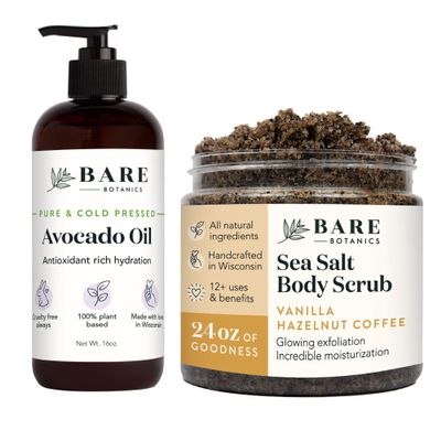Bare Botanics Avocado Hair & Body Oil + Vanilla Hazelnut Coffee Body Salt Scrub