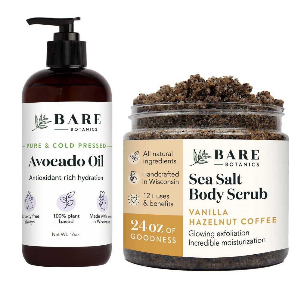 Bare Botanics Avocado Hair & Body Oil + Vanilla Hazelnut Coffee Body Salt Scrub
