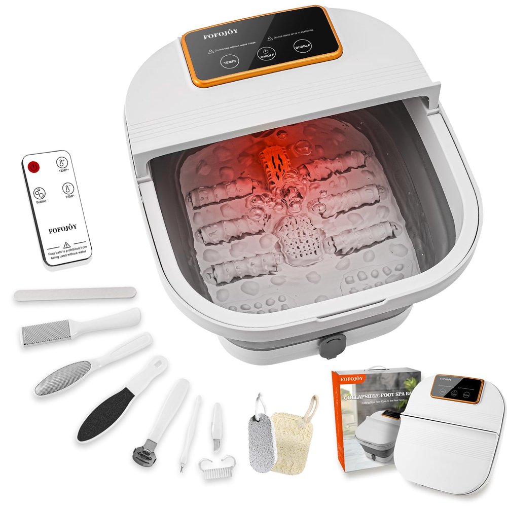 FOFOJY Collapsible Foot Spa with Heat and Remote Control, Massage Rollers, Bubble, Foot Pedicure Kit, Temperature Control, Red Light, Foot Bath and Pumice Stone Pedicure Foot Spa
