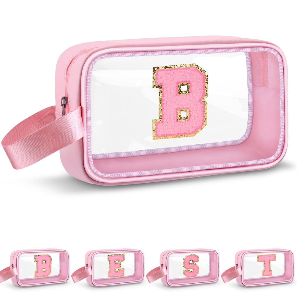 Vodolo Initial Makeup Bag,Letter B Cute Clear Monogrammed Cosmetic Travel Bag for Womens Girls,Personalized Pink Aesthetic Traveling Make Up Organizer Bag for Beach,Waterproof Toiletry Bag