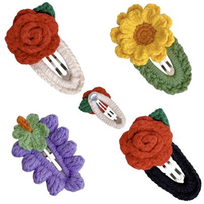 4 Pcs Cute Crochet floral HairPins Elegant Camellia flower Grape Sunflower Hair Pins Crochet knitted Hair Clips Handmade Crochet Hair Accessories for Women Girls
