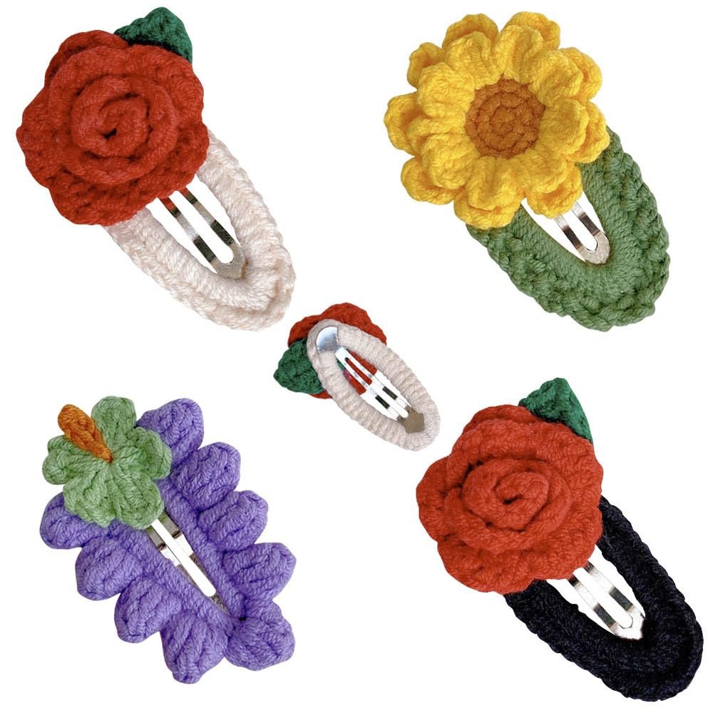 4 Pcs Cute Crochet floral HairPins Elegant Camellia flower Grape Sunflower Hair Pins Crochet knitted Hair Clips Handmade Crochet Hair Accessories for Women Girls